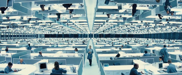 VISUAL SPECTACLE AHOY! Why anyone would design an office like this falls under the category of "questions we try not to ask because this movie is weirdly compelling in its way and poking at it too hard will just ruin things," so let's not ask it. 